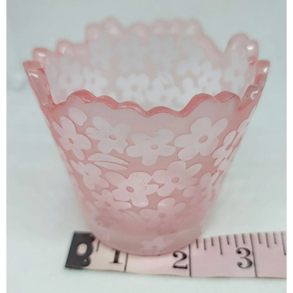 Pink Pressed and Frosted Scalloped Edge Glass Candle Holder - Picture 9 of 10